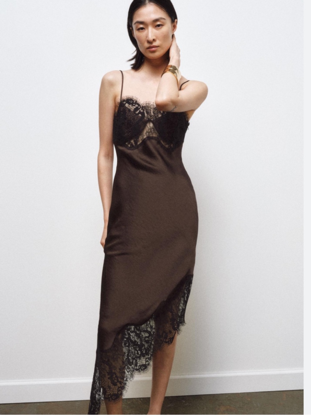 Zara Brown Lace-Trim Slip Dress